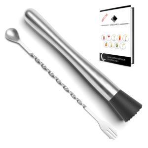 10″ Stainless Steel Cocktail Muddler and Mixing Spoon with Cocktail Recipes eBook, Muddlers